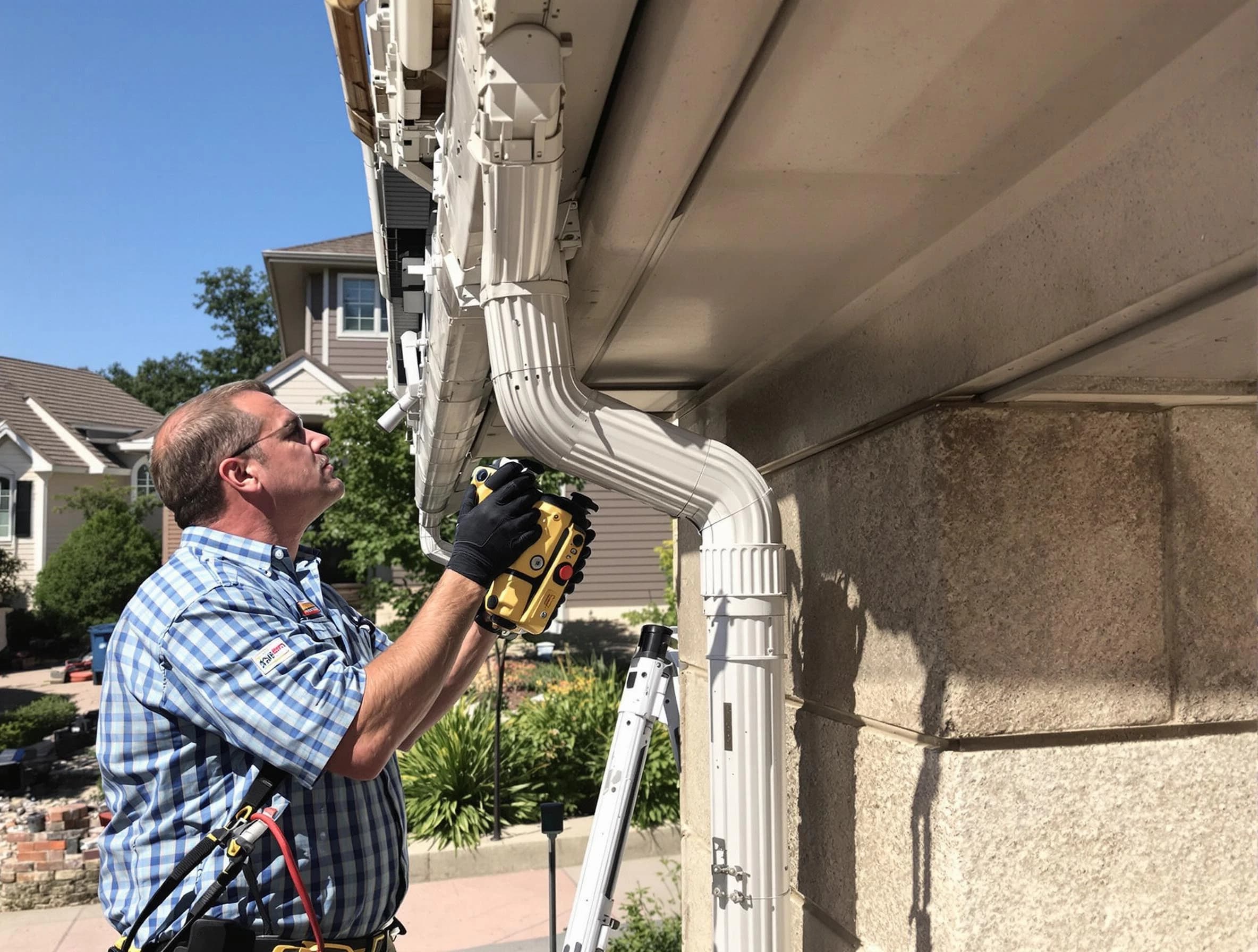 Close-up of a restored downspout system by Middleburg Heights Roofing Company in Middleburg Heights, OH