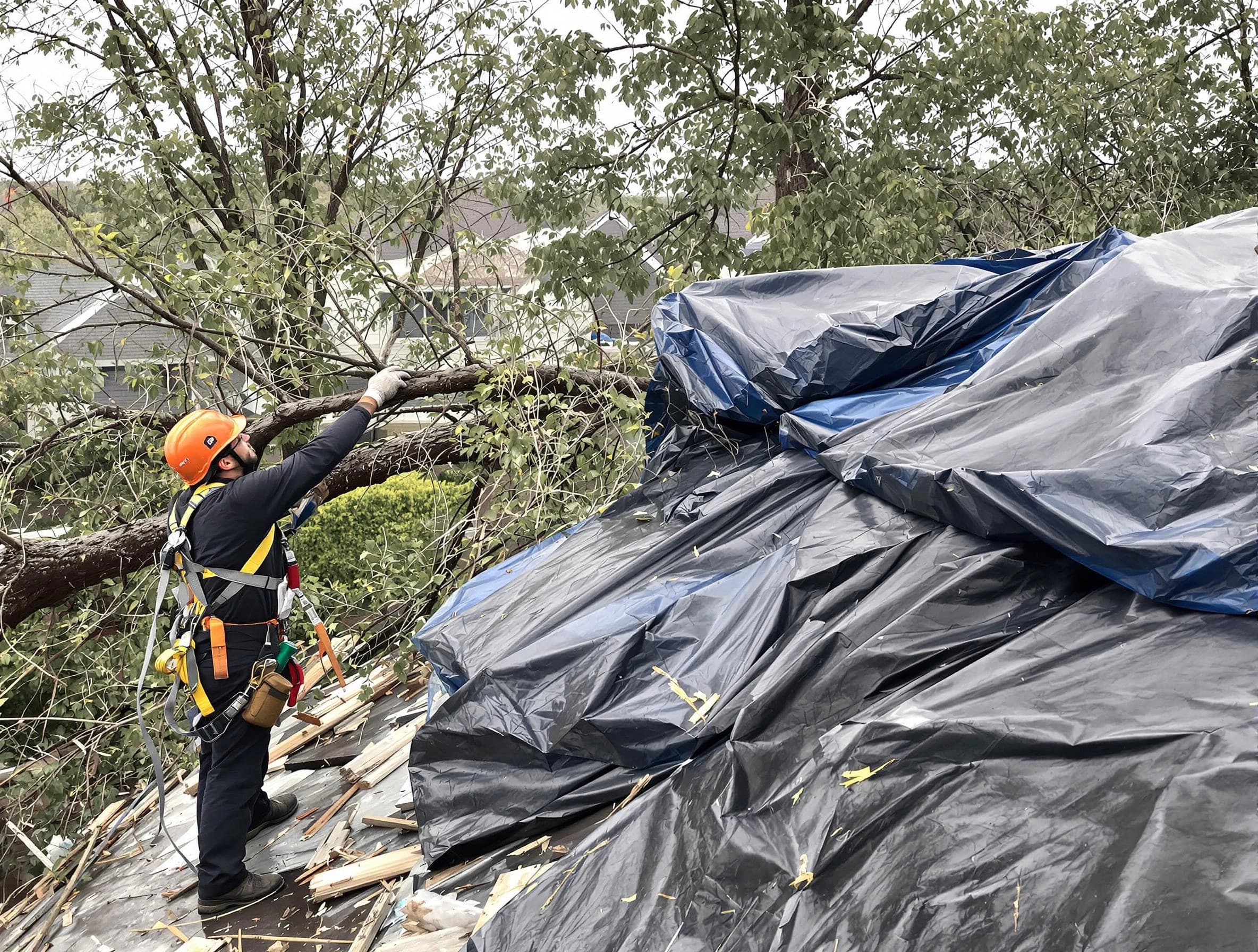 A tarped roof after storm damage repaired by Middleburg Heights Roofing Company in Middleburg Heights, OH